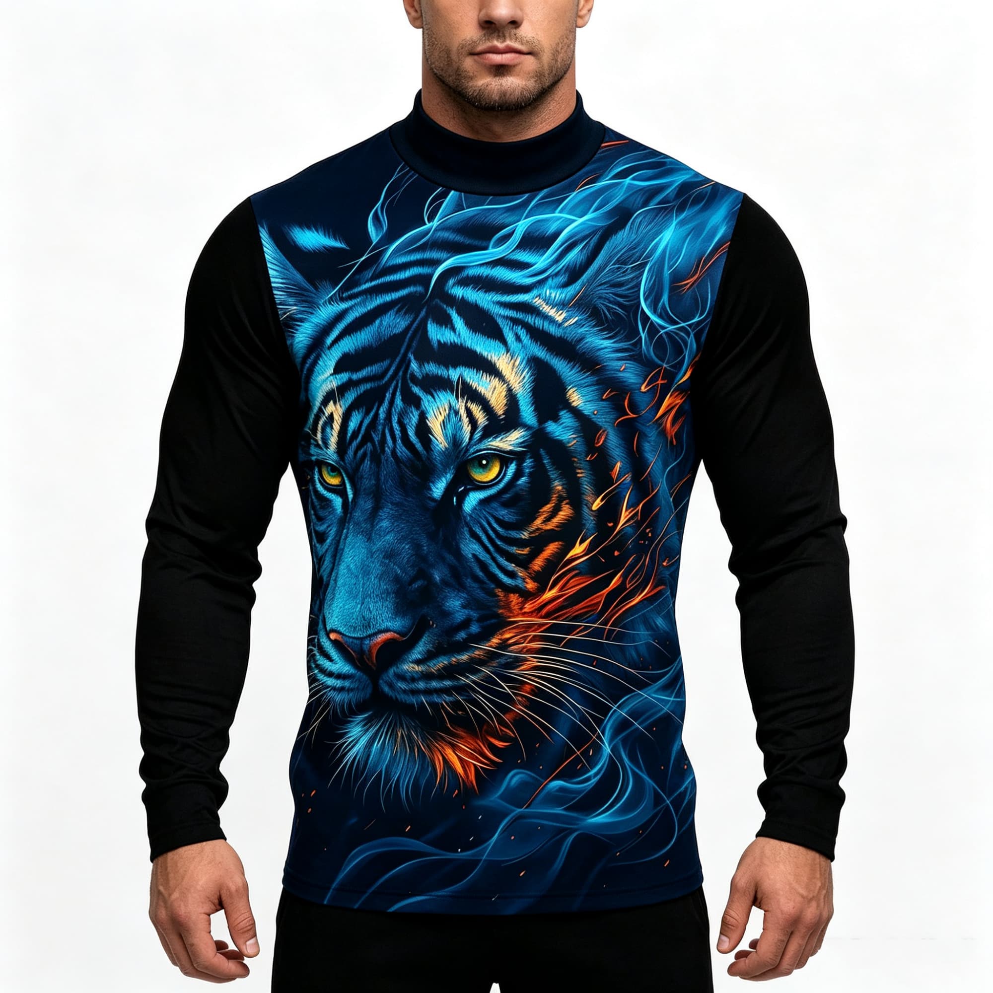 Tee Graphic Print - Neon Mavi Alevli Kaplan Hayvan Desenli