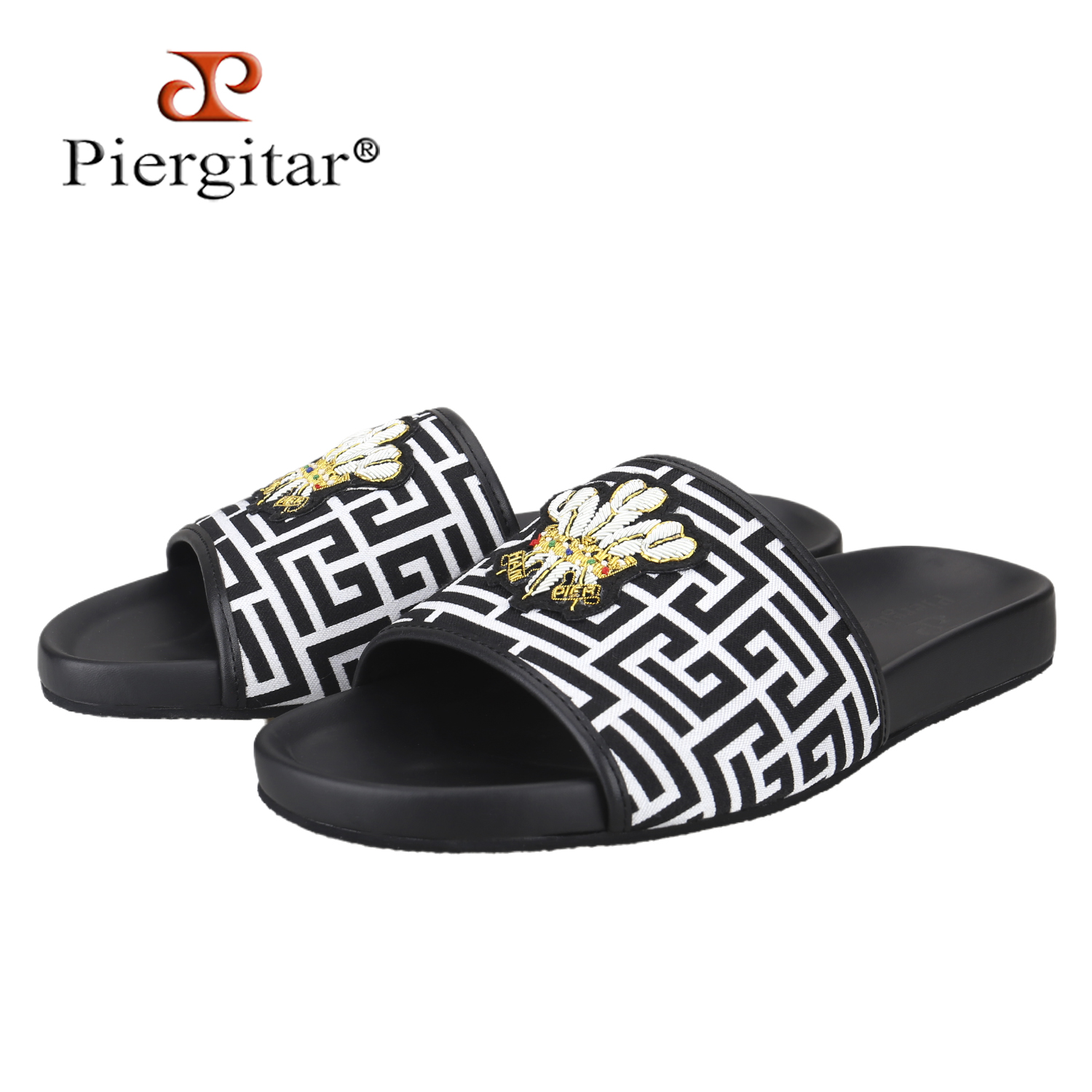 Flip Flop Leather Men - Piergitar Yaz Modeli Siyah Beyaz Baskılı