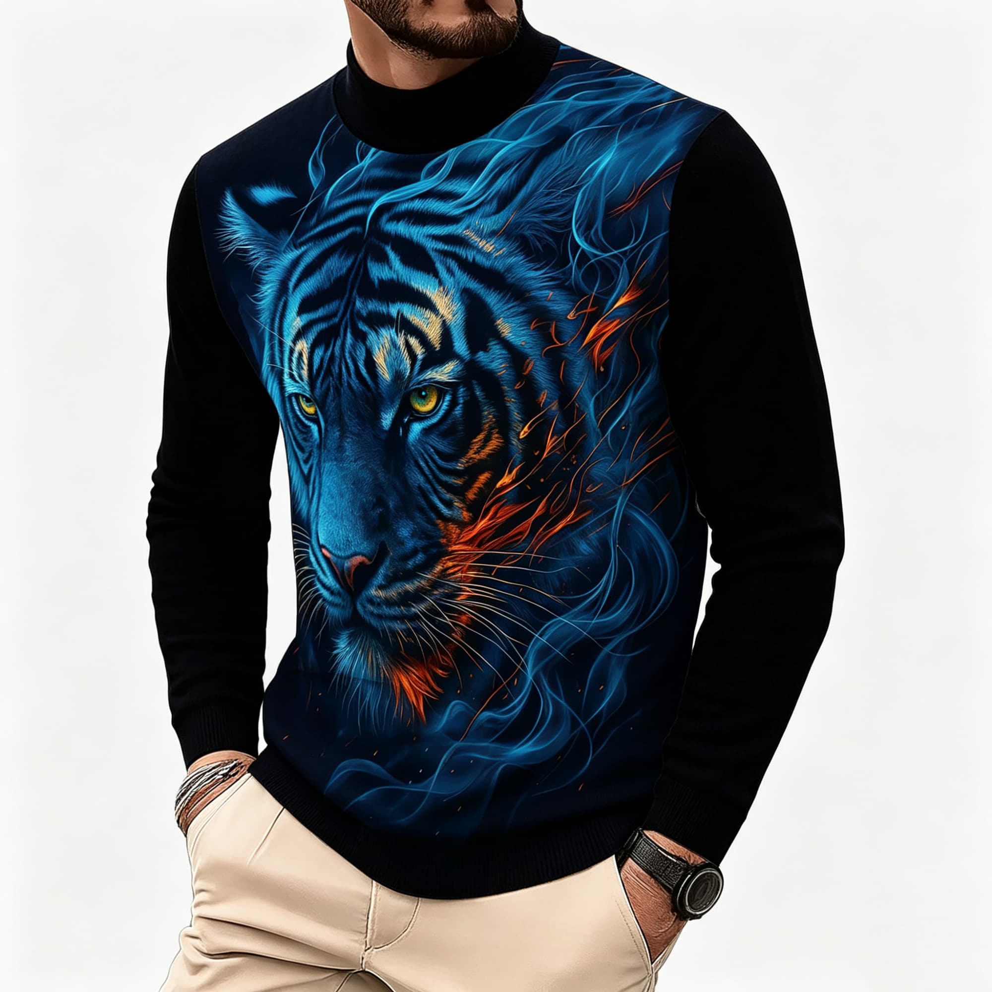 Neon Mavi Alevli Kaplan Hayvan - Tee Graphic Print incelemesi ve fiyatı